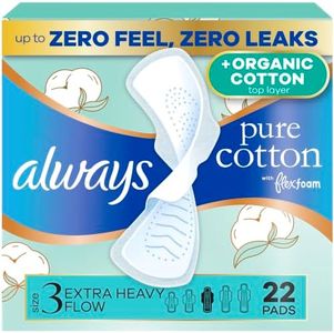 Always Pure Cotton FlexFoam Pads for Women, Size 3, Extra Heavy Pad with Wings, Unscented, Made with an Organic Cotton Top Layer, 22 Count
