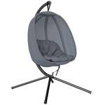 Outsunny Hanging Egg Chair, Folding Texteline Swing Hammock with Side Pocket, Cushion and Stand for Indoor Outdoor, Patio Garden Furniture, Grey