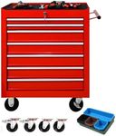 BouPower 7 Drawer Tool Chest with Wheels,Red Metal Locking Rolling Tool Box with Tool Organizer Trays for Tool Storage Organizer,Portable Standing Mechanic Toolbox for Garage,30 in Tall Tool Cabinet