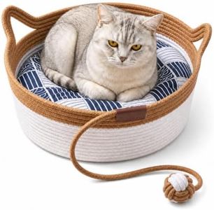 Instinct Basket for Cats - Handwoven Cotton Rope Enrichment Bed with Attached Toy Tail, Scratchable Interactive Pet Nest Features Flexible Walls to Fight Boredom & Protect Furniture (Brown & Mat, L)