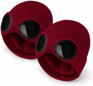 2027 Upgraded Beanie with Goggles for Men & Women,Fleece Lined Knitted Winter Hat,Warm Windproof Skull Cap (Wine Red 2pack)