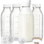 Liter Milk Container for Fridge w Scale and 2 Pour Spouts, 100% Airtight Lid - 4 Pack 32 Oz Glass Bottles w Lids - Juice Jugs for Almond Cow Milk, Honey, Yogur - Dishwasher Safe,(Extra 2 Lids)