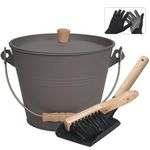 BRIAN & DANY Ash Bucket with Lid, Ash Buckets for fireplaces, 5L Metal Buckets for Hot Ash with Shovel and Hand Broom,Gray