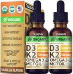 (2 Pack) Organic Vitamin D3 K2 Drops w MCT Oil Omega 3, 5000 IU, Maximum Strength Vitamin D Liquid 5000 IU, No Fillers, Non-GMO Liquid D3 for Faster Absorption, Immune Support (Vanilla, 2 Fl Oz)