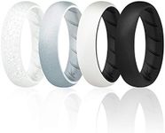 ROQ Silicone Rubber Wedding Ring for Women, Rubber Silicone Wedding Band, Bridal Jewelry Set, Anniversary Rings, Promise Ring, 5.5mm Wide 2mm Thick, 4 Pack, Black, White, Silver, Size 6