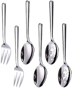 Enwinner Serving Spoons*2 Slot Spoons* 2 Forks *2 Buffet Colander Stainless Steel Banquet Set, Set of 6. Lenght 9" (6-spoon forks set)