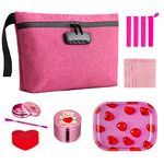 MAICHENG Smell Proof Bag Kit - 8 Items - Grinder, Airtight Jar, Double-Ended Pick, Storage Tube, Tray, Silicone Containers Capacity, 5 Resealable Mylar Bag, Travel Size Pink Grinder Set