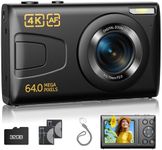 Digital Camera, 4K 64MP Camera, Point and Shoot Digital Cameras with 32GB Card Auto Focus 18X Zoom Compact Small Camera for Beginner Student Kids Teen Black