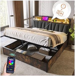 Racxily Cama de Matrimonio con canapé, con función de Carga cabecera e iluminación LED,Cama 160 x 200 cm, somier de láminas de Madera, Gris (sin colchón)