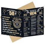 Longwu Large 50th Birthday Card With Envelope for Men Women, 1974 Black Gold Happy 50th Birthday Gifts Giant Guest Signature Book for Women Men, Vintage 50th Greeting Card Decoration Party Supplies