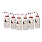 EISCO 6PK Wash Bottle for Acetone, 1000ml - Labeled with Color Coded Chemical & Safety Information (4 Colors) - Wide Mouth, Self Venting, Low Density Polyethylene Labs