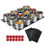 Tanice Spice Jars 12 Pack Magnetic Spice Tins Stainless Steel Transparent Top Magnetic Storage Containers Stick on Refrigerator with 1 Tray, 5 Sheets of Spice Labels and 12 PCS Adhesives for Kitchen