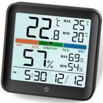 NOKLEAD Room Thermometer Hygrometer,Digital Indoor Thermometer with Max Min Records Light Air Comfort Clock Temperature Monitor Humidity Meter for Greenhouse Baby Room Bedroom,Black