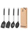 Set of 4 Non-Stick Silicone Kitchen Utensils, Large Solid Spatulas, High Heat Resistant, Black Slotted Spoons, Ideal for Frying, Mixing, Serving, Draining, Turning, Stirring