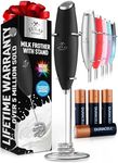 Zulay Kitchen Patented Tornado Triple Whisk Milk Frother with 4 Duracell Batteries – Handheld Foam Maker for Coffee, Lattes, Matcha & Hot Chocolate – Rich, Creamy Froth in Seconds- Black