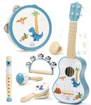 Lehoo Castle Dinosaur Kids Guitar Set - Montessori Educational Toys Gifts for 2 3 Year Old Boy Girls, Wooden Musical Instruments Toys with Ukulele/Flute/Tambourine/Maraca for Toddlers 2-4