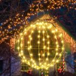 Joomer Battery Operated Christmas Ball Lights,1 x 12in 120 LED Foldable Metal Sphere Lights, Waterproof 8 Lighting Modes with Timer Function, Hanging Lights for Christmas Decorations (Warm White)