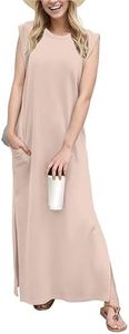 GRECERELLE Women Summer Petite Round Neck Loose Split Casual Maxi Dress with Pockets (Rose Pink, X-Small)