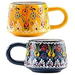 BCS Ceramic Espresso Cups Set of 2, Cappuccino Cups, Colorful Handmade Coffee & Tea Mugs, Demitasse Cups for Latte and Mocha, Dishwasher Safe (6.5 Oz, 3 Inches, Yellow - Navy Blue)