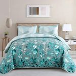 WONGS BEDDING Floral Quilt Set Queen Size, 3 Pieces Aqua Botancal Leaves Bedspread Coverlet Set with 2 Pillowcases for All Season, Soft Microfiber Floral Bedding Set 96"×90"