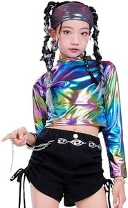 LOLANTA Girls Crop Tops Metallic Long Sleeve Letter Print Shiny Hip Hop Disco Party Holographic Top (Colorful, 8-10)