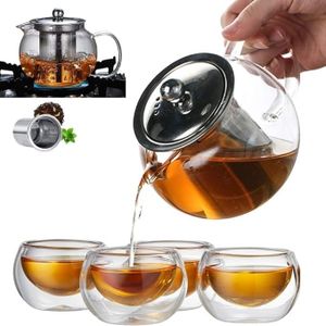 Selection Home,650ML/22OZ Clear Glass Teapot Set with 4 Double Wall Cups & Stainless Steel Infuser -Glass Tea Kettle with Stovetop Safe -Microwave Safe –Clear Borosilicate Glass Teapot