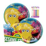 Sesame Street Elmo Party Supplies Pack Serves 16 Birthday Party Supplies Pack Plates and Napkins with Birthday Candles (Bundle for 16)