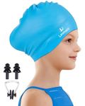 Kids Long Hair Swimming Cap for Girls Boys, 2 Size Silicone Swimming Hat for Age 3-15 Toddler Children Teens, Waterproof Swim Cap Bathing Hat with Ear Plugs & Nose Clip to Keep Hair Dry(Age 3-8/Blue)