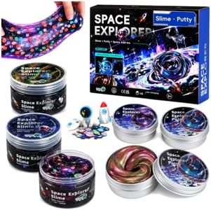 WATERELF Galaxy Slime & Putty Kit for Kids, 6 Full-Size Jars, 3 x 4 fl oz Cosmic Slime and 3 x 3.2 oz Color-Changing Putty with Space Add-Ins, Sensory Gift for Boys and Girls Ages 6+