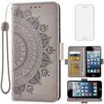 Asuwish Compatible with iPhone 5S 5 SE 2016 5SE Wallet Case Tempered Glass Screen Protector Card Holder Flip Wrist Strap Cell Phone Cover for iPhone5 iPhone5s iPhoneSE iPhone6se i 6SE iPhone5se Grey