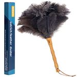 Aldwin Ostrich Feather Duster, 16 inch Ostrich Feather Duster with Wood Handle Reusable, Fluffy Natural Genuine Handheld Feather Duster for Cleaning Supplies, Home, Car, Office