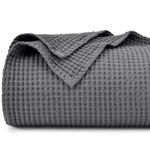 PHF 100% Cotton Waffle Weave Blanket Double Size 150 x 200cm, Pre-Washed Lightweight Breathable Throw Blanket, Oeko-TEX Certified for Bed Sofa, Home Decor, Charcoal Grey