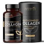 Premium Multi Collagen Protein Capsules with Type I, II, III - Includes Hydrolysed Grass Fed Bovine Collagen, Marine Collagen, Hyaluronic Acid, Turmeric - 90 Capsules - Made in The UK by Nutravita