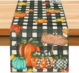 U'Artlines Fall Table Runner, Thanksgiving Autumn Harvest Orange Pumpkins Maple Leaves Buffalo Plaid Table Runners for Holiday Party Home Dining Table Decorations, 13x72 Inch