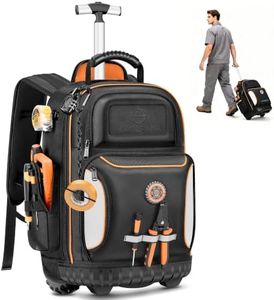 Backpack Tool Bag with Wheel, Rolling Tool Backpack for Electrician Heavy Duty Roller Tool Bag on Wheel for Construction Work, 75 Pockets & Loops Tool Backpack with Molded Base and Combination Lock