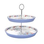 London Pottery Viscri Meadow Cake Stand for Afternoon Tea, 2 Tiered, Ceramic, Almond Ivory/Cornflower Blue