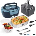 SOHIDA Electric Lunch Box, 12V/24V/110V Portable Food Warmer with SS Fork & Spoon for Car/Truck/Office, 80W Self Heating Lunch Box with 1.5L 304 Stainless Steel Container & 0.45L PP Fruit Box Blue