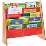 Sagler Toddler Book Shelf Organizer - Wooden Kids Book Case Storage & Magazine Rack with 5 Multicolored Nylon Fabric Shelves - Easy-to-Reach Kids Bookshelf for Nursery, Bedroom, Playroom, Classroom