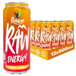 Rubicon RAW 12 Pack Orange & Mango 500ml Energy Drink, 20% Real Fruit Juice, High caffeine with B-Vitamins, Ginseng & Guarana, No Artificial Colours or Flavours, Reduce Tiredness & Boost Energy