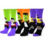 TeeHee Novelty Happy Halloween Fun Crew Socks for Women 3-Pack (Rugby Stripes Ghost Skeleton)