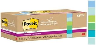 Post-it 100% Recycled Paper Super Sticky Notes, 2X The Sticking Power, 3x3 in, 12 Pads, 70 Sheets/Pad, Oasis Collection (654R-12SST)