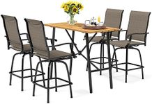 PHI VILLA Outdoor Patio Bar Set for 4, High Top Patio Bar Table and Chairs Set with 4 Patio Swivel Bar Stools & 40" Wooden-Like Steel Bar Height Table for Garden and Yard, Brown & Yellow