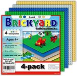 Brickyard Building Blocks Lego Compatible Baseplate - Pack of 4 Large 10 x 10 Inch Base Plates for Toy Bricks, STEM Activities & Display Table - Green, Blue, Gray, Sand