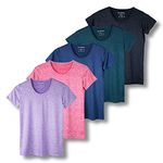 Real Essentials 5 Pack: Women's Dry Fit Tech Stretch Short-Sleeve Crew Neck Athletic T-Shirt (Available in Plus Size), Set 7, Medium