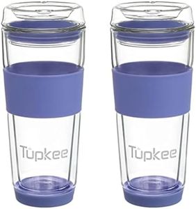 Tupkee Double Wall Glass Tumbler - 14-Ounce, All Glass Reusable Insulated Tea/Coffee Mug & Lid, Hand Blown Glass Travel Mug - Jacaranda - 2 Pack