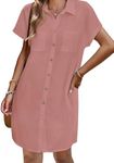 Zeagoo Casual Dresses for Women Cotton Shift Dresses Button On Dress with Pockets Summer Short Sleeve A-Lin Mini Dress Linen Tshirt Dress.Pink,S