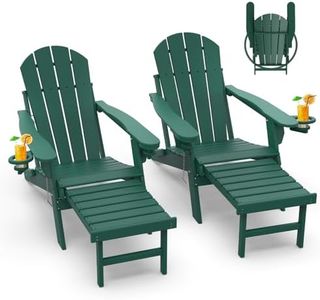GREENVINES Adirondack-Chairs-with-Ottoman | Set of 2 | Folding | Retractable-Footrest | HDPE Plastic | All Weather Fire Pit Chair | Cup Holders | Forest | for Outdoor Poolside