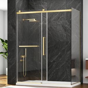 60" W x 32" D x 76" H Frameless Sliding Shower Enclosure, Corner Shower Door, SGCC 3/8" & 5/16" Tempered Glass, Double Nano Coating, Stainless Steel, Leak-Proof, Gold, (Shower Base Not Included)