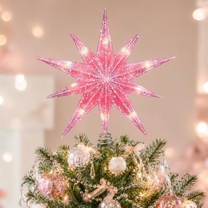 Luxspire Christmas Tree Topper, Lighted Glitter 10-Point Tree Star, Pink