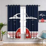 Man cave Decor Shading Insulated Curtain, Curtains 63 inch Length Classic Vintage Sports car Muscle Vehicle Silhouette Old Fashioned for Living Room or Bedroom Ruby White Dark Blue W63 x L63 Inch